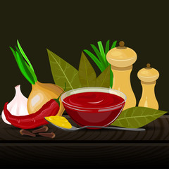 Condiments and spices vector illustration on the dark background. Spicy seasoning and flavoring vector illustration.