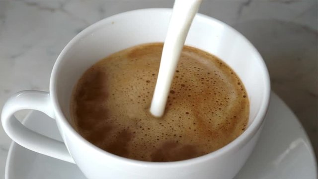 cappuccino, coffee with steamed milk in white coffee mug