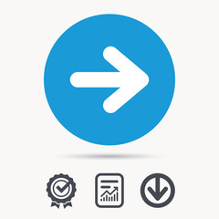 Arrow icon. Next navigation symbol. Achievement check, download and report file signs. Circle button with web icon. Vector