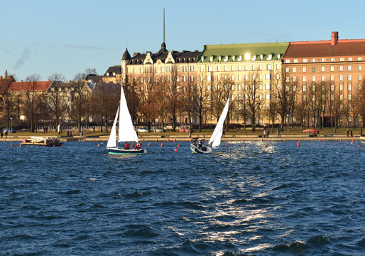 Embankment in Helsinki. Sailboats in sea