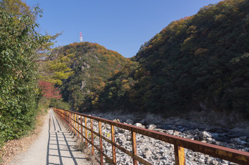 Road to the mountains.Mountain landscape,mukogawa valley,japan. 