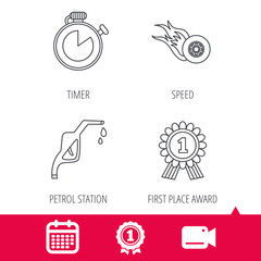 Achievement and video cam signs. Winner award, petrol station and speed icons. Race timer linear sign. Calendar icon. Vector