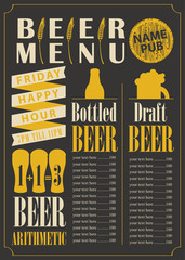 menu for the pub for bottled and draft beer with price list