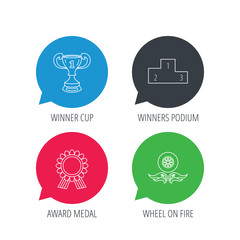 Colored speech bubbles. Winner cup, podium and award medal icons. Race symbol, wheel on fire linear signs. Flat web buttons with linear icons. Vector