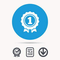 Award medal icon. Winner emblem symbol. Achievement check, download and report file signs. Circle button with web icon. Vector