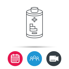 Battery icon. Electrical power sign. Rechargeable energy symbol. Group of people, video cam and calendar icons. Vector