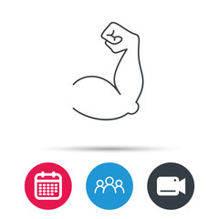 Biceps muscle icon. Bodybuilder strong arm sign. Weightlifting fitness symbol. Group of people, video cam and calendar icons. Vector