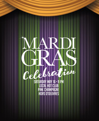 Mardi Gras background with spotlight and purple, gold and green dramatic curtains.For Mardi Gras party, celebration, invitation, sale or other event. EPS 10 vector.