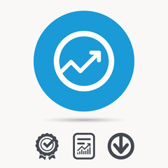 Growing graph icon. Business analytics chart symbol. Achievement check, download and report file signs. Circle button with web icon. Vector