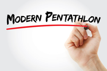 Hand writing Modern pentathlon with marker, concept background