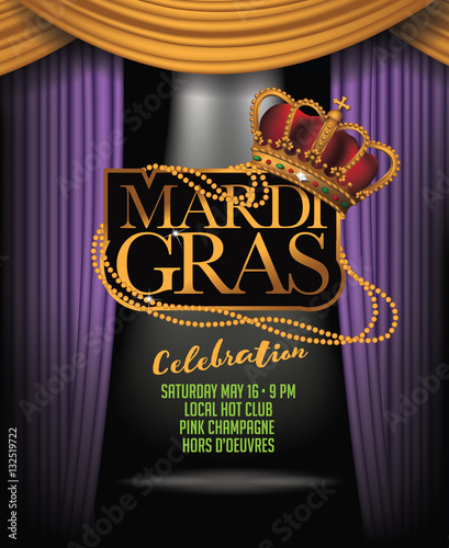 Mardi Gras Background With Spotlight And Purple Gold And Green Dramatic Curtains Crown And Mardi Gras Background With Spotlight And Purple Gold And Green Dramatic Curtains Crown And