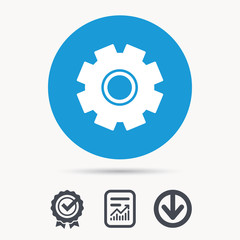 Cogwheel icon. Repair service symbol. Achievement check, download and report file signs. Circle button with web icon. Vector