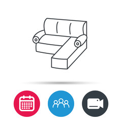 Corner sofa icon. Comfortable couch sign. Furniture symbol. Group of people, video cam and calendar icons. Vector