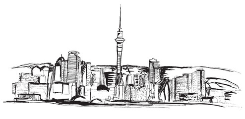 Panorama miasta Oakland. Rysunek ręcznie rysowany na białym tle. © Edwardkarczmarski