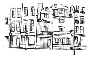 Widok ulicy w Paryżu. Rysunek ręcznie rysowany na białym tle. - obrazy, fototapety, plakaty