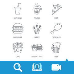 Hamburger, pizza and soft drink icons. Beer, tea bag and chips fries linear signs. Chicken leg, carrot icons. Video cam, book and magnifier search icons. Vector