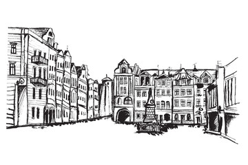Panorama miasta Poznań. Rysunek ręcznie rysowany na białym tle. - 132520362