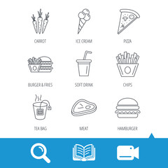 Hamburger, pizza and soft drink icons. Tea bag, meat and chips fries linear signs. Ice cream, carrot icons. Video cam, book and magnifier search icons. Vector