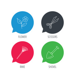 Colored speech bubbles. Scissors, flower and shovel icons. Rake linear sign. Flat web buttons with linear icons. Vector