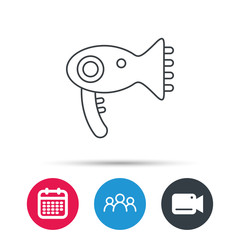Hairdryer icon. Electronic blowdryer sign. Hairdresser equipment symbol. Group of people, video cam and calendar icons. Vector