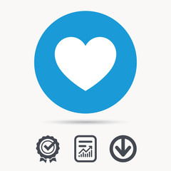 Heart icon. Romantic love symbol. Achievement check, download and report file signs. Circle button with web icon. Vector