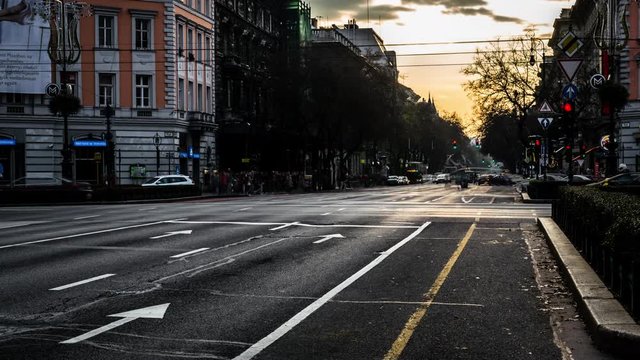 4k timelapse of a busy intersection with tram and traffic budapest daylight