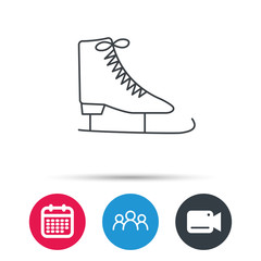 Ice skates icon. Figure skating equipment sign. Professional winter sport symbol. Group of people, video cam and calendar icons. Vector