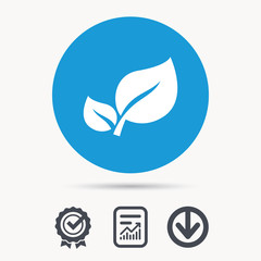 Leaf icon. Fresh organic product symbol. Achievement check, download and report file signs. Circle button with web icon. Vector