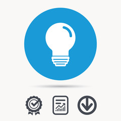 Light bulb icon. Lamp sign. Illumination technology symbol. Achievement check, download and report file signs. Circle button with web icon. Vector