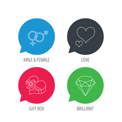 Colored speech bubbles. Love heart, gift box and brilliant icons. Male and female linear signs. Flat web buttons with linear icons. Vector