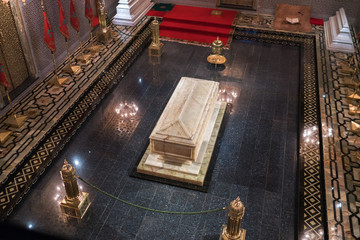 The Mausoleum of Mohammed V, a historical building located on the opposite side of the Hassan Tower
