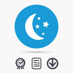 Moon and stars icon. Night sleep symbol. Achievement check, download and report file signs. Circle button with web icon. Vector