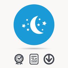 Moon and stars icon. Night sleep symbol. Achievement check, download and report file signs. Circle button with web icon. Vector
