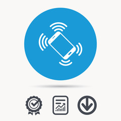Smartphone call icon. Mobile phone communication symbol. Achievement check, download and report file signs. Circle button with web icon. Vector