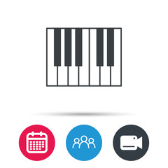 Piano icon. Royal musical instrument sign. Group of people, video cam and calendar icons. Vector