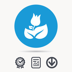 Rose flower icon. Florist plant with leaf symbol. Achievement check, download and report file signs. Circle button with web icon. Vector