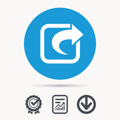 Share icon. Send social media information symbol. Achievement check, download and report file signs. Circle button with web icon. Vector