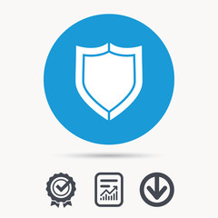 Shield protection icon. Defense equipment symbol. Achievement check, download and report file signs. Circle button with web icon. Vector