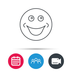 Smile icon. Positive happy face sign. Happiness and cheerful symbol. Group of people, video cam and calendar icons. Vector