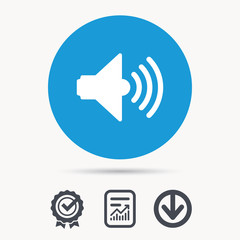 Sound icon. Music dynamic symbol. Achievement check, download and report file signs. Circle button with web icon. Vector