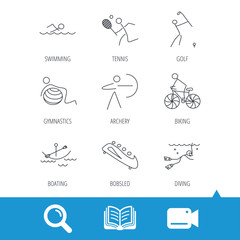 Swimming, tennis and golf icons. Biking, diving and gymnastics linear signs. Archery, boating and bobsleigh icons. Video cam, book and magnifier search icons. Vector
