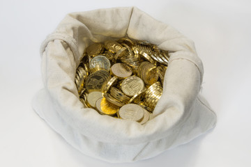 Bag of coins on white
