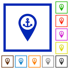 Sea port GPS map location flat framed icons