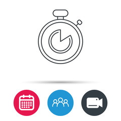 Timer icon. Stopwatch sign. Sport competition symbol. Group of people, video cam and calendar icons. Vector