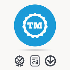 Registered TM trademark icon. Intellectual work protection symbol. Achievement check, download and report file signs. Circle button with web icon. Vector