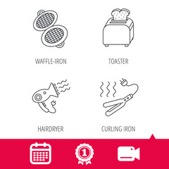 Achievement and video cam signs. Curling iron, hair-dryer and toaster icons. Waffle-iron linear sign. Calendar icon. Vector