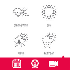 Achievement and video cam signs. Weather, strong wind and rainy day icons. Sun linear sign. Calendar icon. Vector