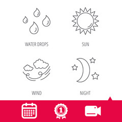 Achievement and video cam signs. Weather, sun and wind icons. Moon night linear sign. Calendar icon. Vector