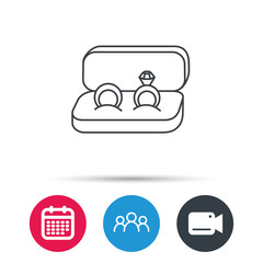 Wedding rings icon. Jewelry with diamond sign. Marriage symbol. Group of people, video cam and calendar icons. Vector