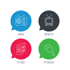 Colored speech bubbles. Radio, retro TV and PC mouse icons. PC case linear sign. Flat web buttons with linear icons. Vector